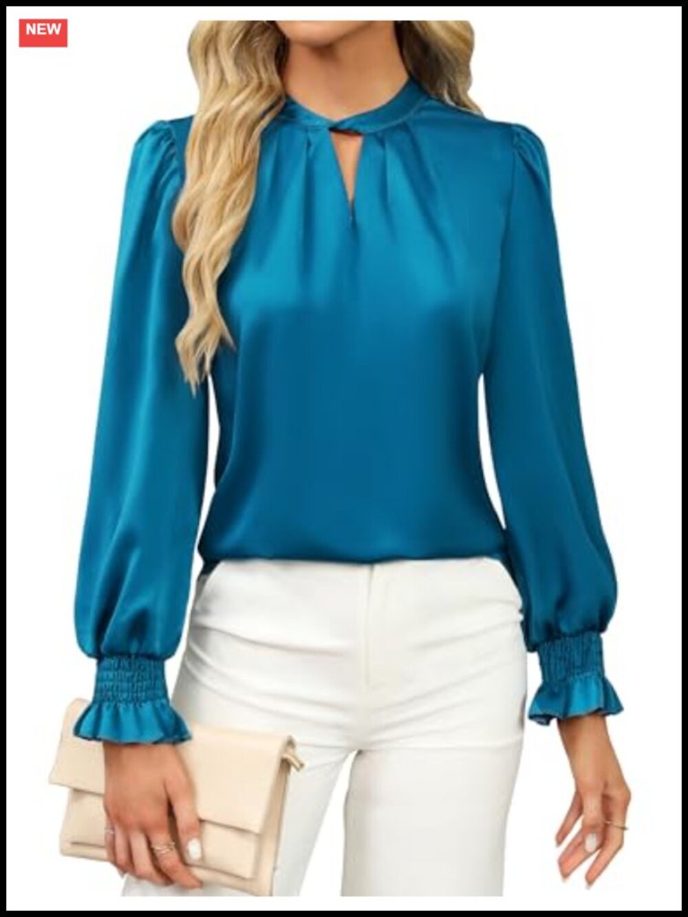 Satin Silk Long Sleeve Keyhole Blouse Pleated Business Work Top Fall